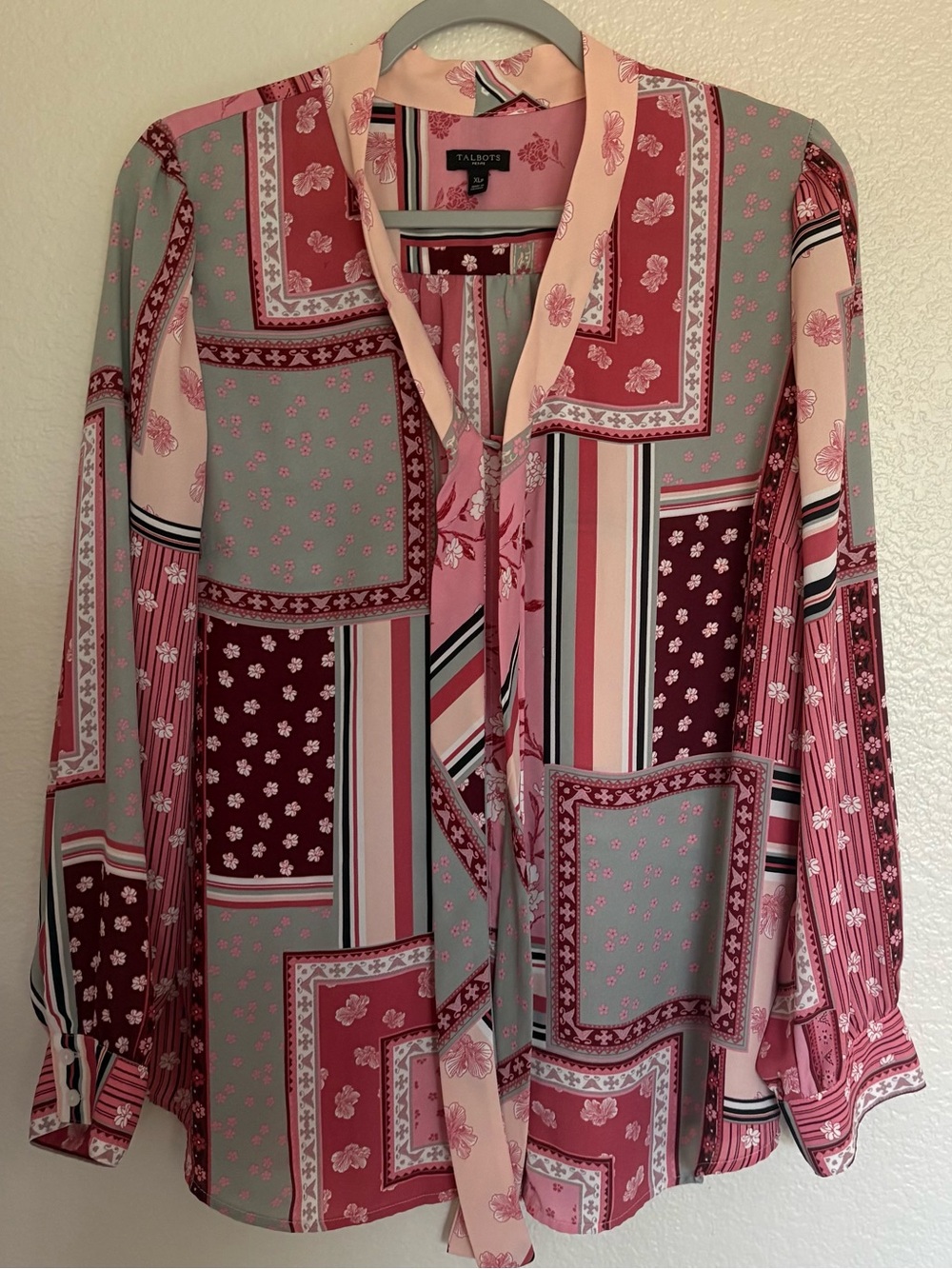 Talbots Pink Patchwork Print Long-Sleeve Blouse XL P
